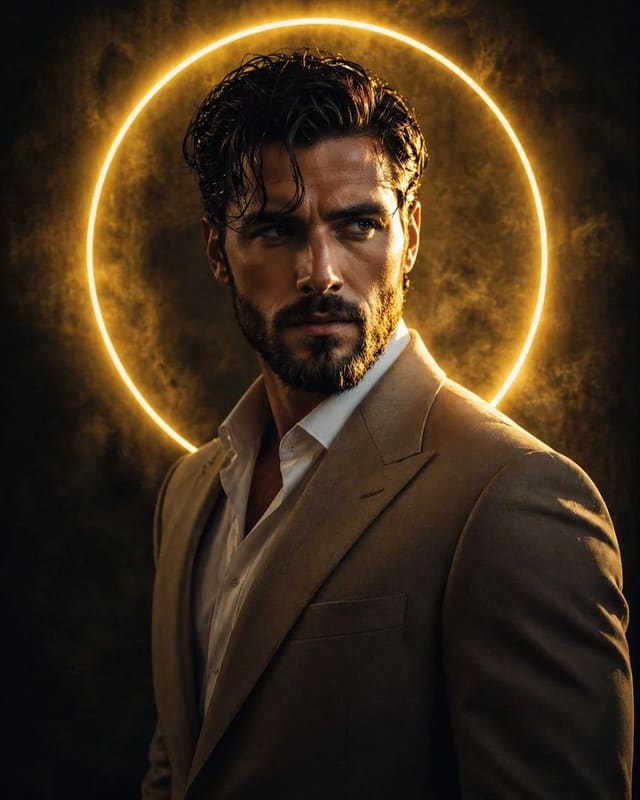 Cinematic portrait of a young man with golden neon halo