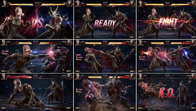 Tekken-style 3x3 fighting game storyboard using referenced characters