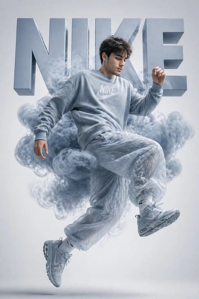 High-end streetwear campaign poster with floating pose