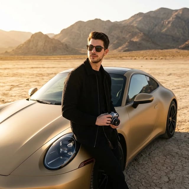 Stylish man beside matte gold sports car in desert