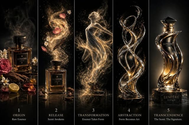 Five-Panel Cinematic Luxury Perfume Transformation