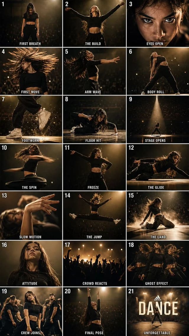 Cinematic 21-Panel Dance Storyboard Grid