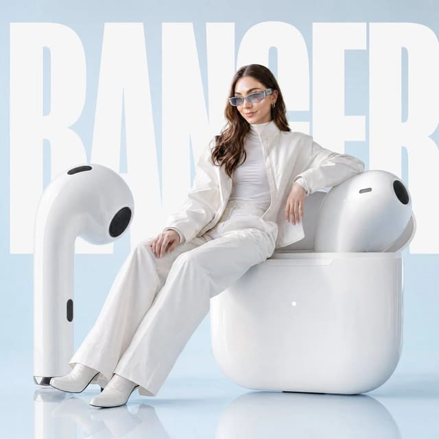 Avant-garde fashion ad with giant futuristic AirPods