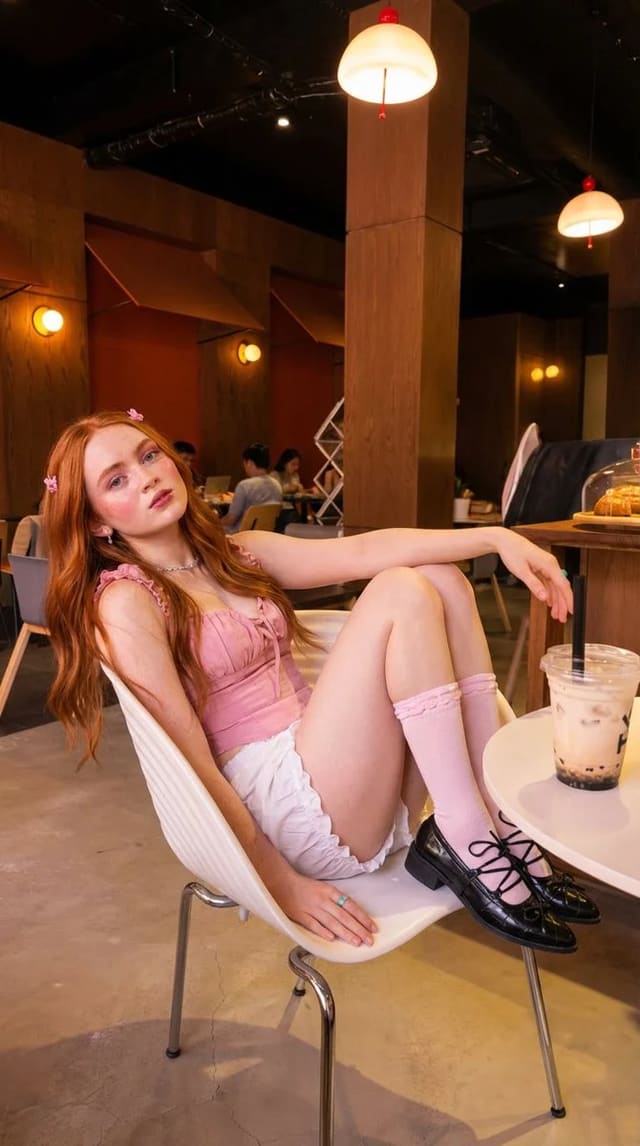 Soft pink café portrait of Sadie Sink