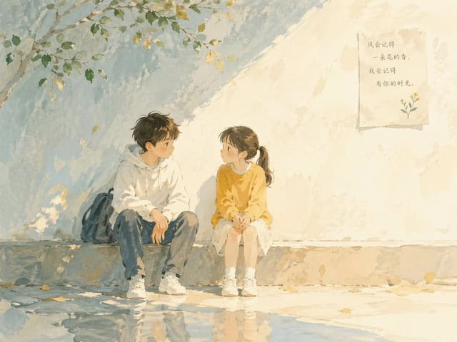 Soft Poetic Children's Book Illustration of Two Children Talking