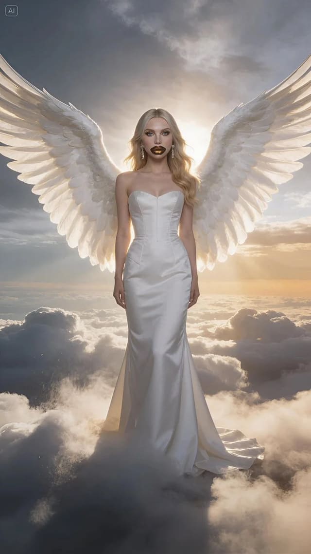 Vogue-style angelic editorial portrait above clouds