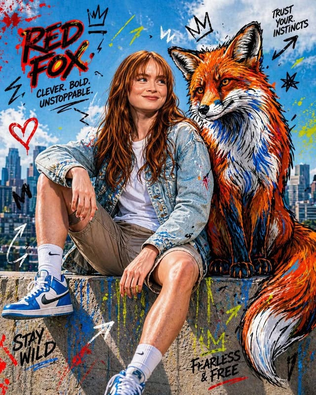 Mixed-media fashion editorial with cartoon animal companion