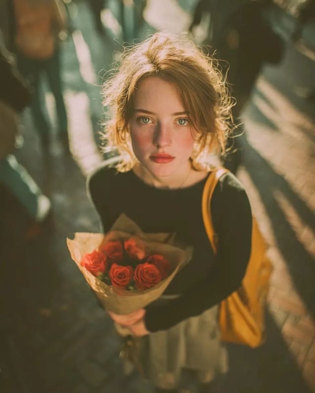 Top-down cinematic portrait with roses during golden hour