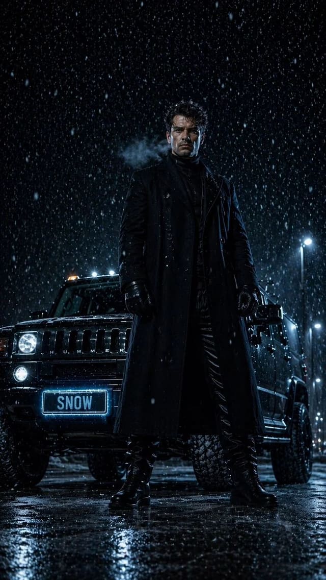 Cinematic snowy night portrait with matte black Hummer H2