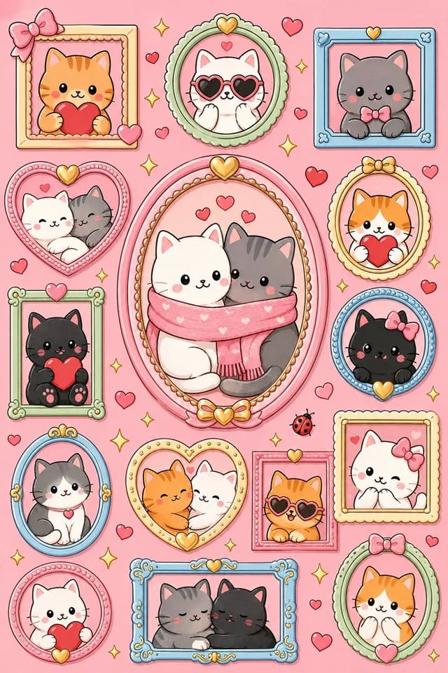 可爱治愈系猫咪相框墙插画