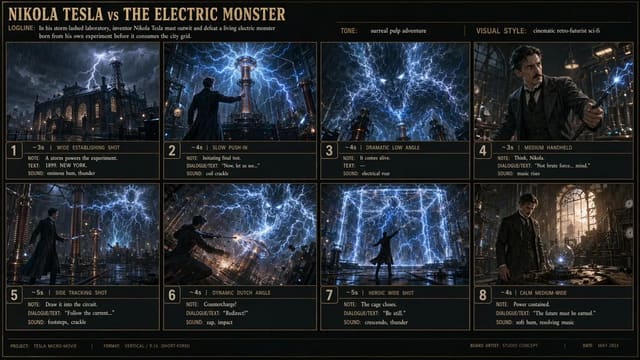 GPT Image 2 storyboard prompt for Nikola Tesla fighting an electric monster