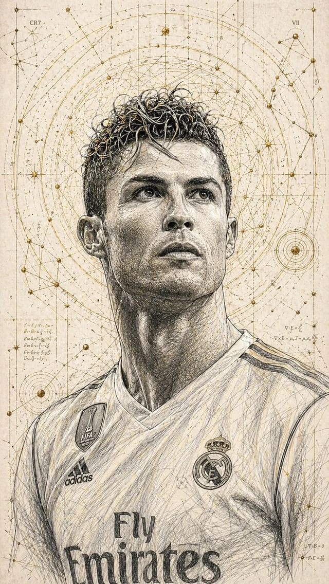Technical hand-drawn portrait with golden celestial geometry
