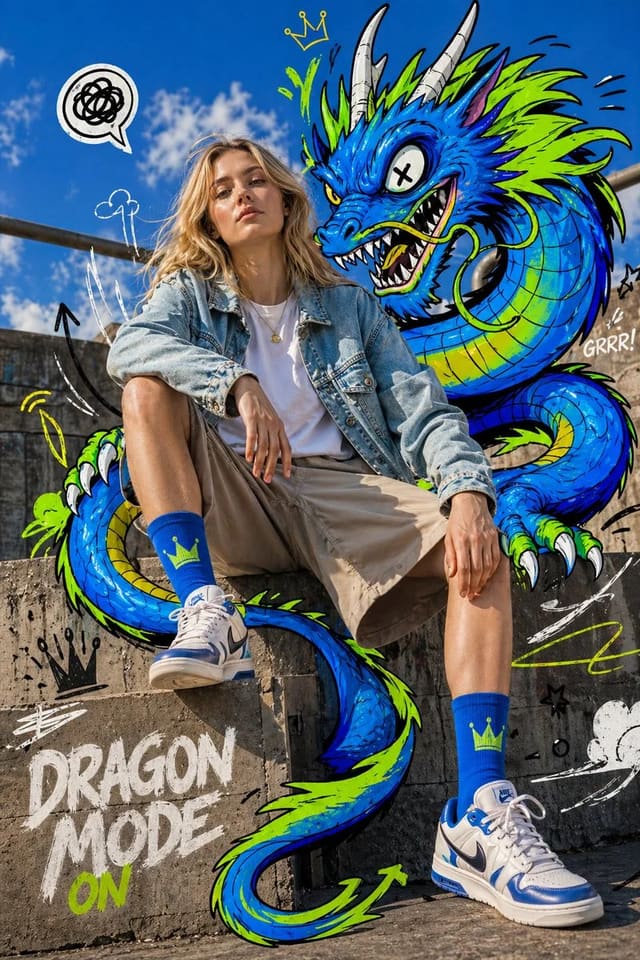 Fashion editorial with cartoon dragon spirit animal