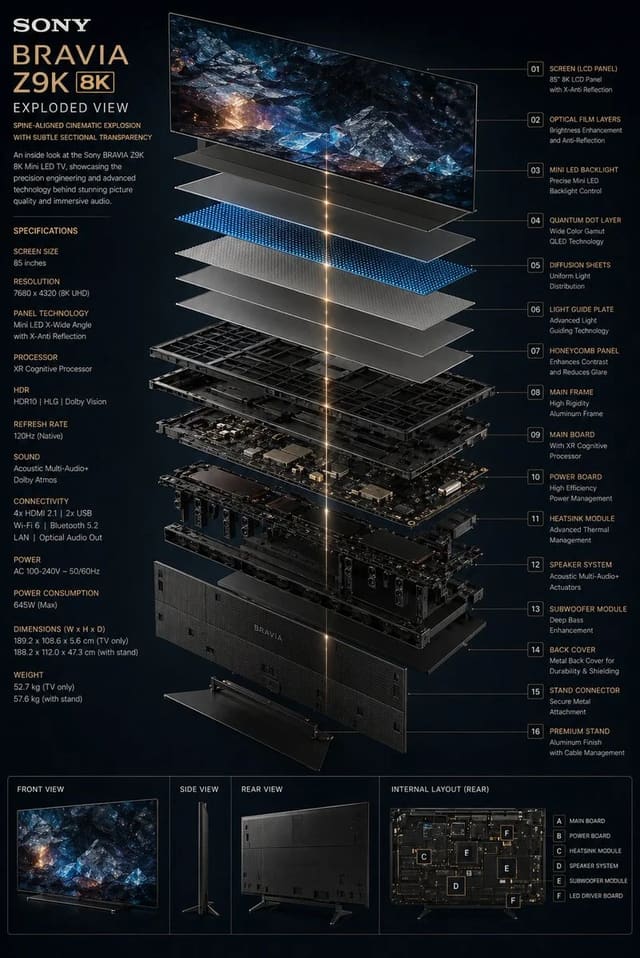 Exploded view of a Sony BRAVIA 8K Mini LED television
