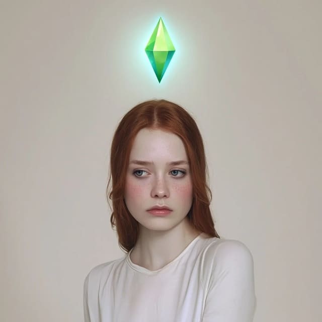 Photorealistic Sad Woman Portrait with Glowing Plumbob