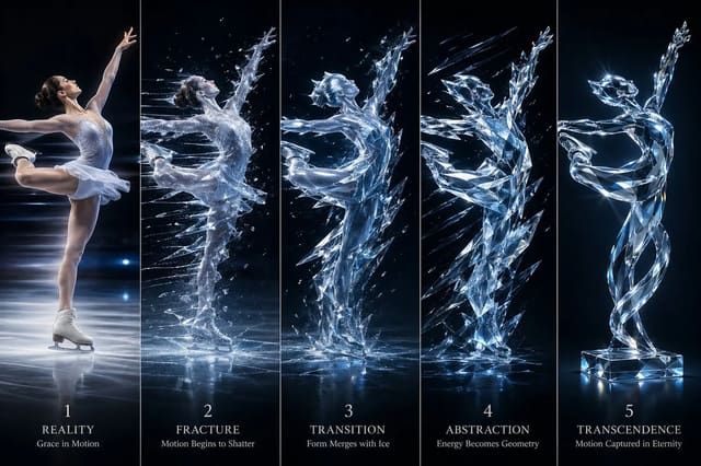 Five-panel cinematic figure skater crystal transformation