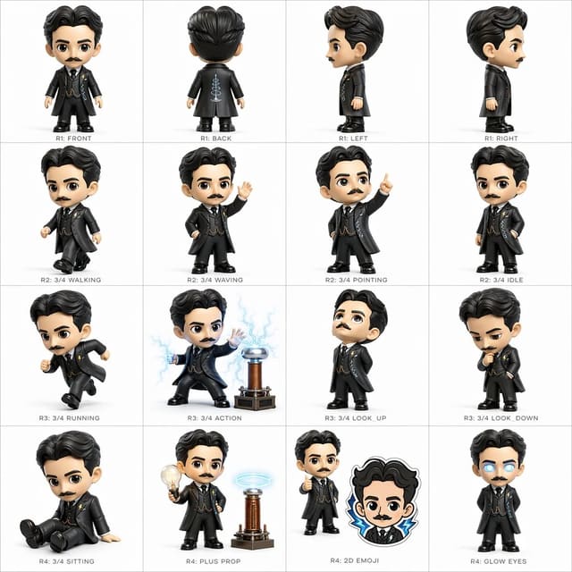 Vinyl toy chibi character design sheet with multi-view spatial map