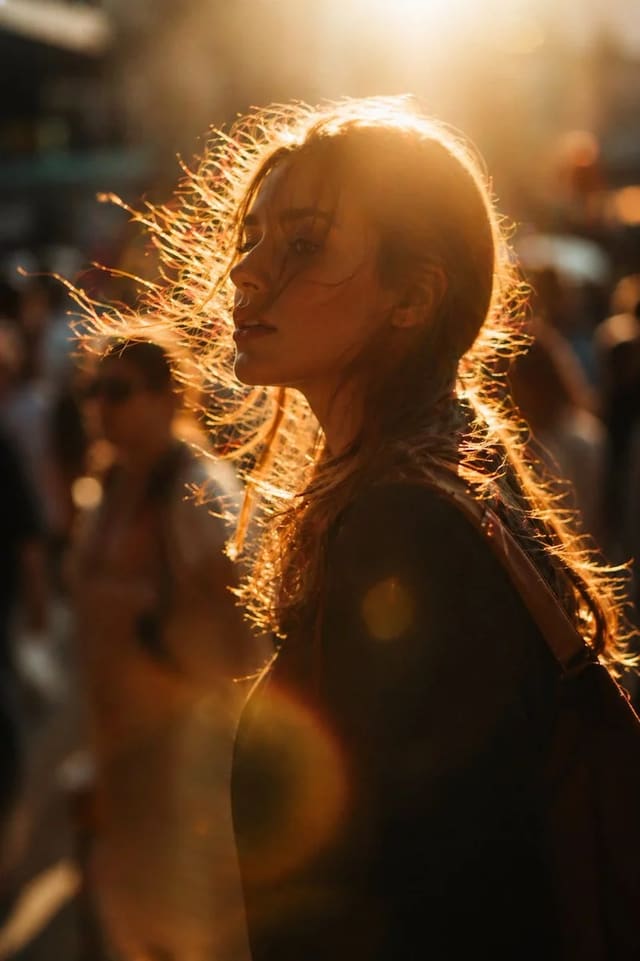 Cinematic golden-hour street portrait with backlit hair