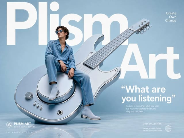 Avant-garde fashion advertisement with oversized guitar sculpture