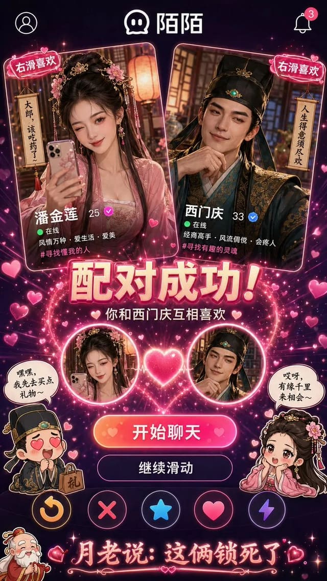 潘金莲在陌陌匹配到西门庆的爱心特效页面