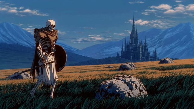 Skeleton near a castle regrets his actions