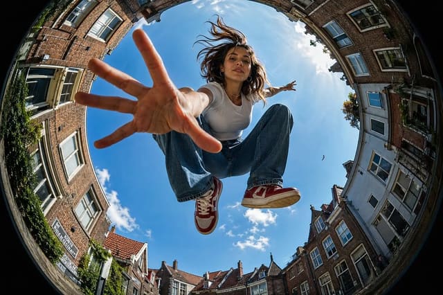 Ultra-wide fisheye action shot between brick buildings