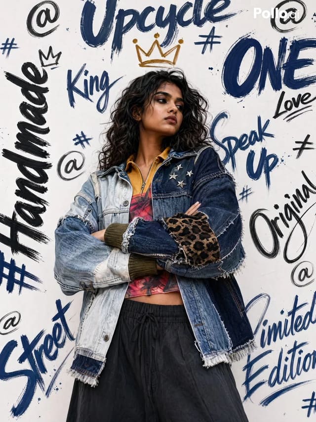 Editorial fashion portrait with upcycled denim and graffiti typography