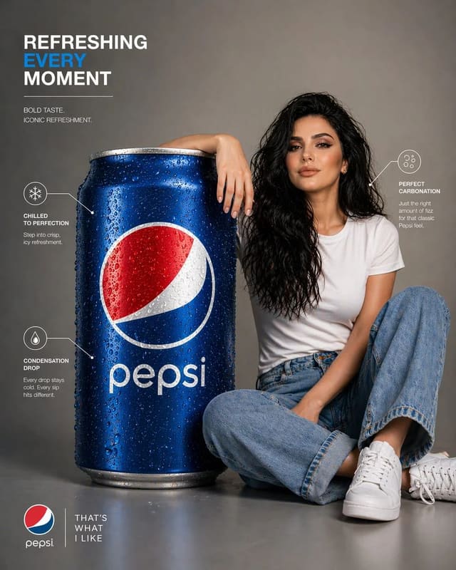 Oversized Pepsi Can Product Infographic with Seated Woman