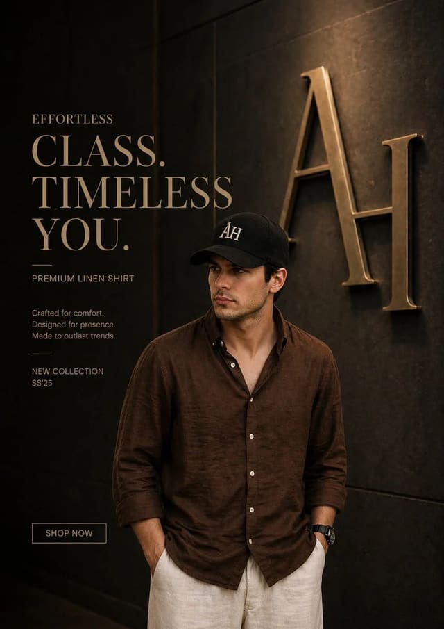 Luxury fashion advertisement poster for premium linen shirt