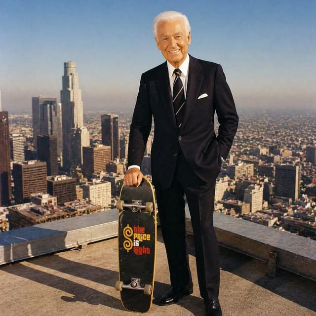 Bob Barker on a skyrise with a skateboard