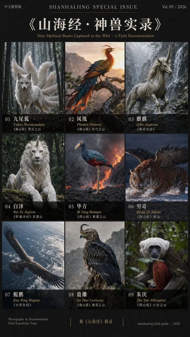 GPT-Image-2 山海经神兽九宫格国家地理风摄影海报
