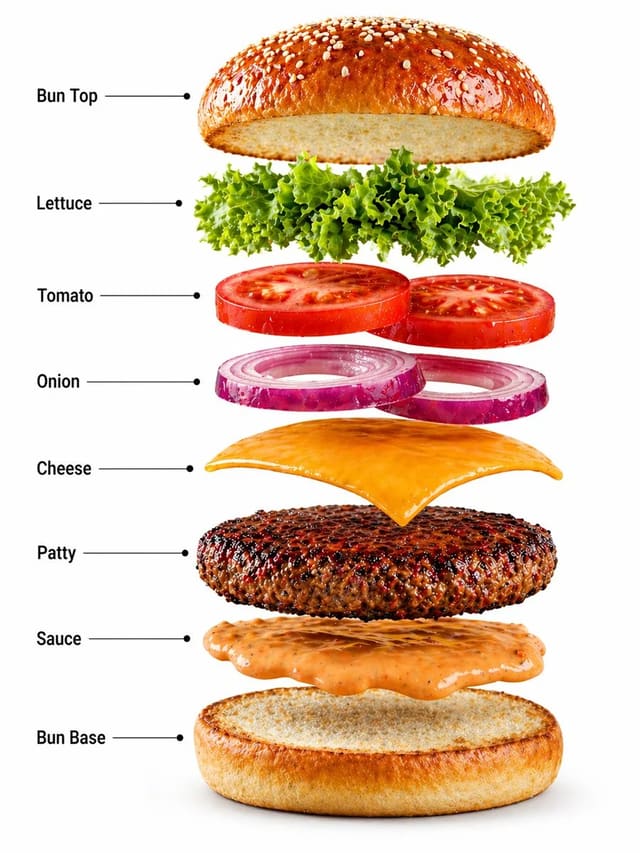 Gourmet cheeseburger product ad and exploded infographic