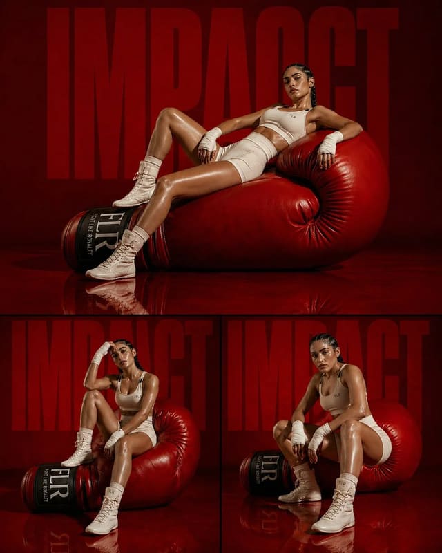 High-fashion boxer editorial triptych with red glove sculpture