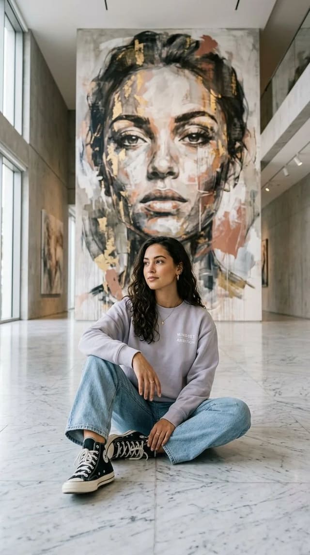 Dramatic low-light portrait with abstract mural backdrop