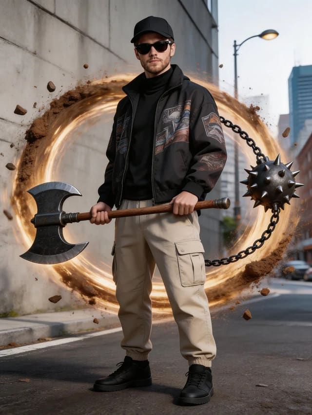 Streetwear Man with Fantasy Weapon and Swirling Earth Energy