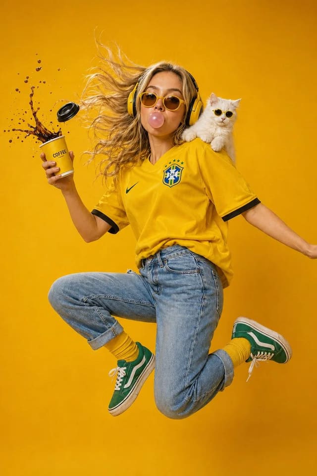 Surreal mustard-yellow fashion portrait with bubblegum, coffee spill, and cat