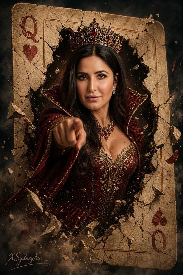 Regal Fantasy Queen Emerging from a Cracked Queen of Hearts Card