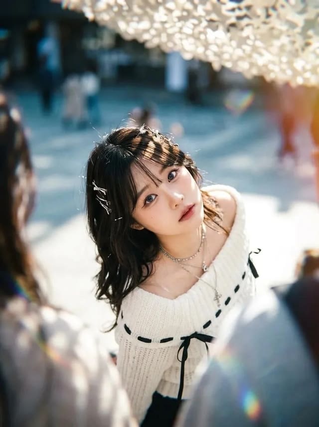 High-angle cinematic portrait with analog tilt-shift aesthetic