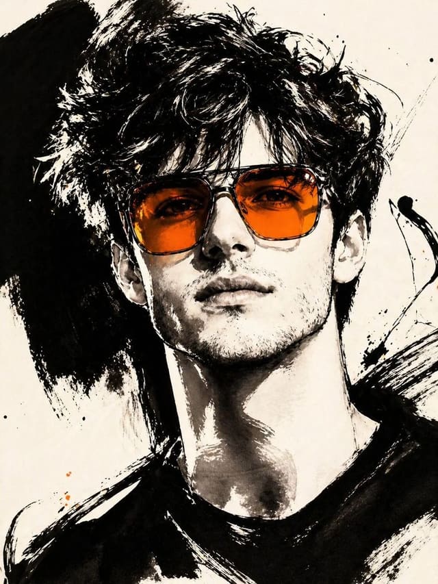 Gestural editorial ink fashion portrait with vivid tinted sunglasses