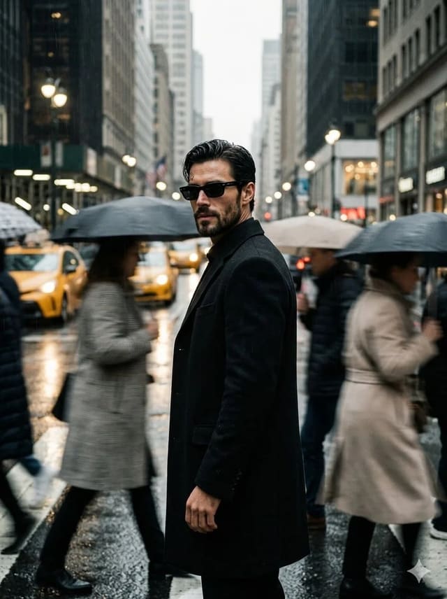 Stylish Man Standing Still Amid Blurred City Crowds