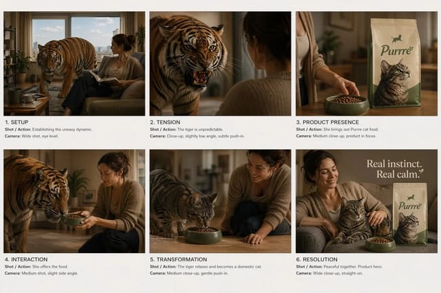Cinematic Cat Food Commercial Storyboard with Tiger Transformation