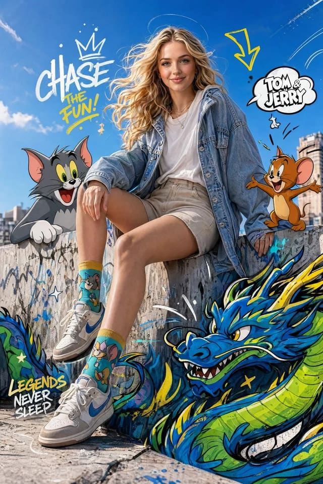Fashion editorial with Tom and Jerry cartoon elements