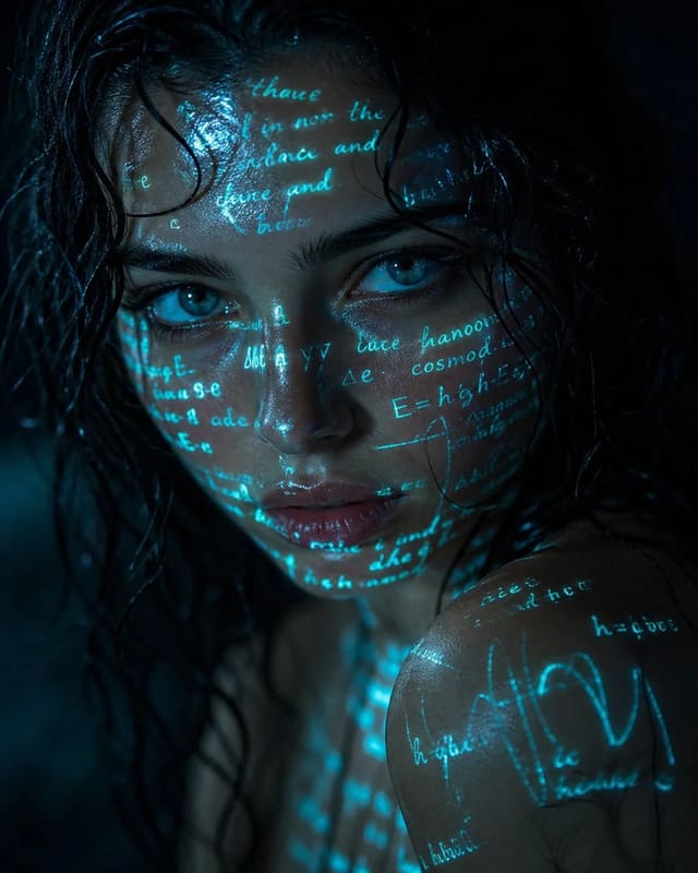 Cyberpunk cyan text projection portrait