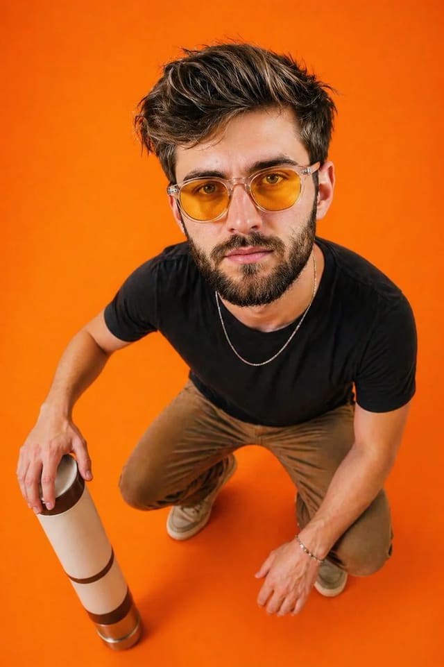 Top-Down Editorial Portrait on Orange Background