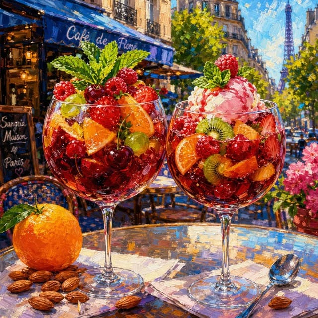 Colorful impressionistic sangria glasses at a Parisian café