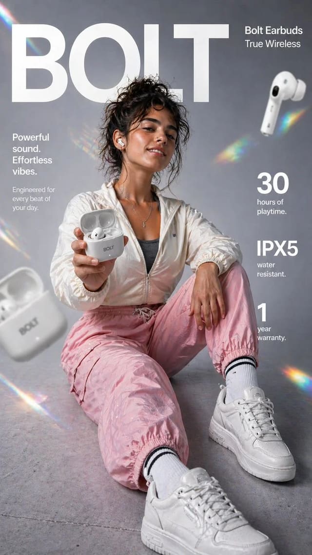 Vertical e-commerce infographic ad for Bolt true wireless earbuds