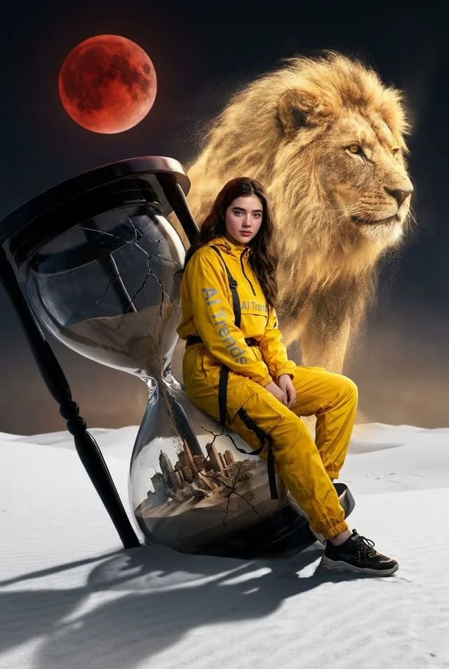 Surreal desert hourglass portrait with golden sand lion