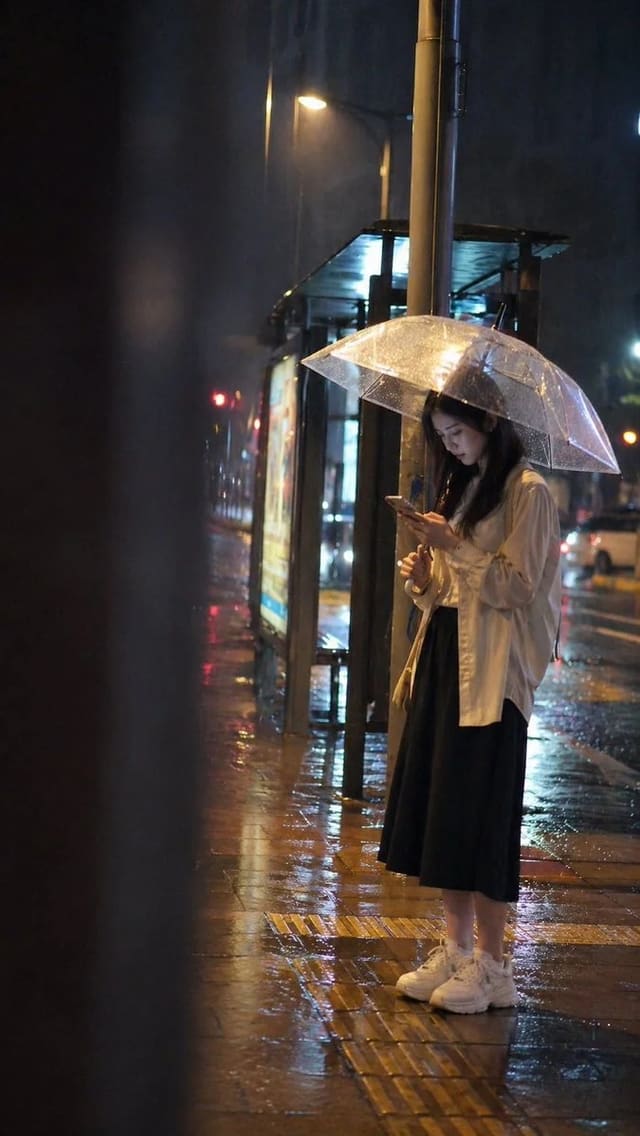 雨夜城市公交站台真实抓拍风格人像