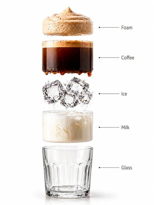 Premium iced coffee product photo and exploded infographic