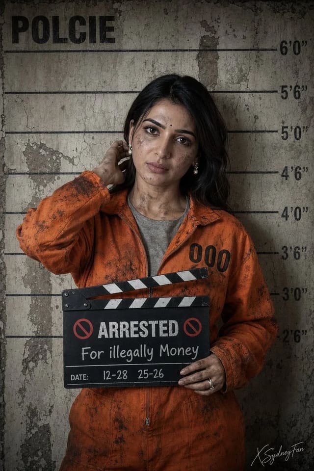 Bollywood celebrity mugshot lineup in orange prisoner jumpsuit